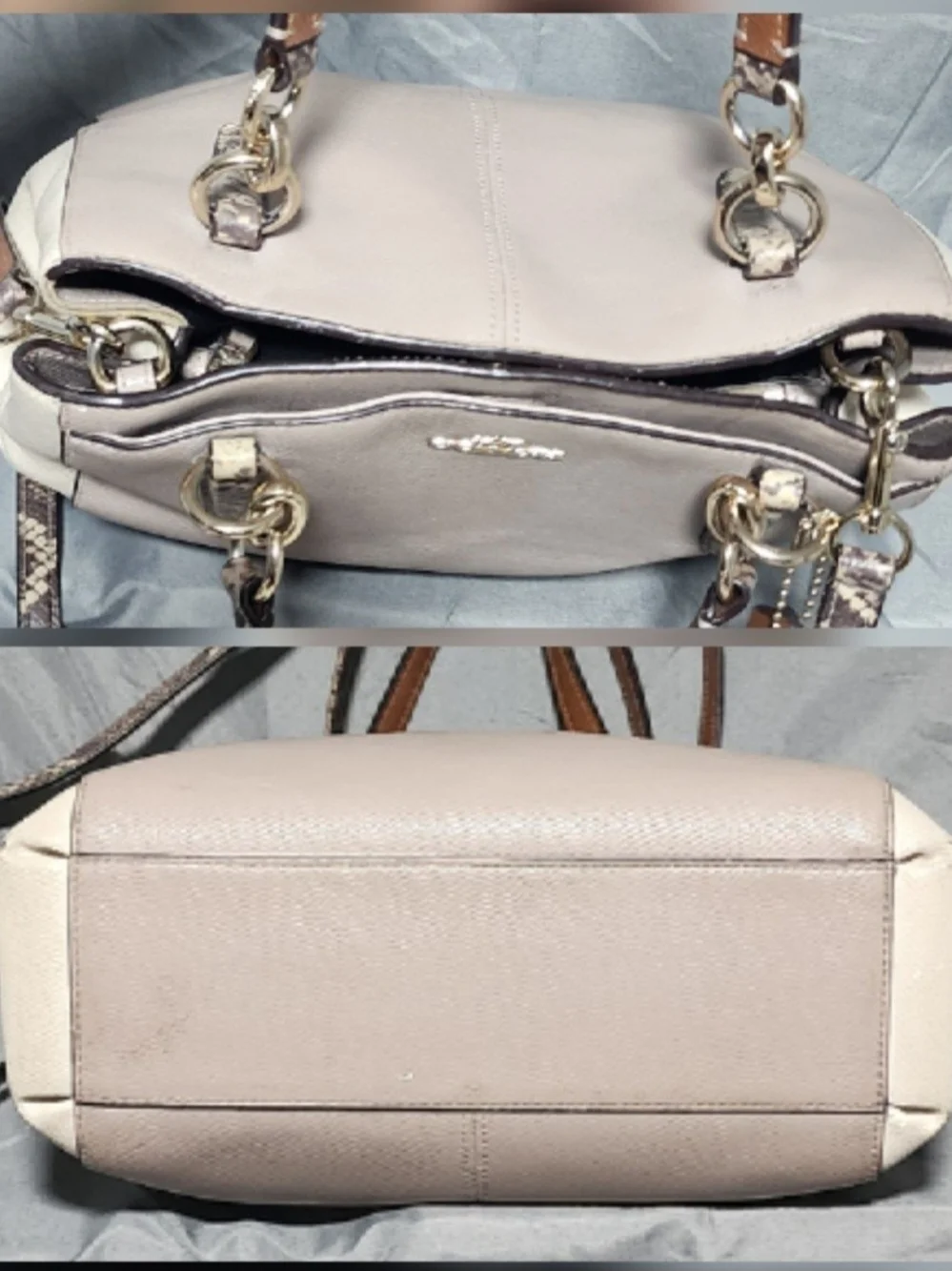 Coach Minetta Snake Print Taupe Leather Shoulderbag Satchel Handbag Purse